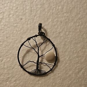 Handmade Black Wire Tree of Life Pendant with White Stone